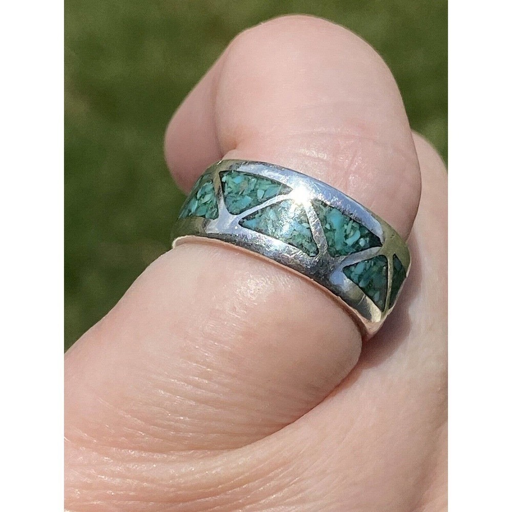 Sterling Silver Malachite Inlay Wide Bend Size 4.5 Geometric Women Unisex VTG